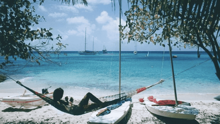 Person being lazy lying in a hammock on the beach